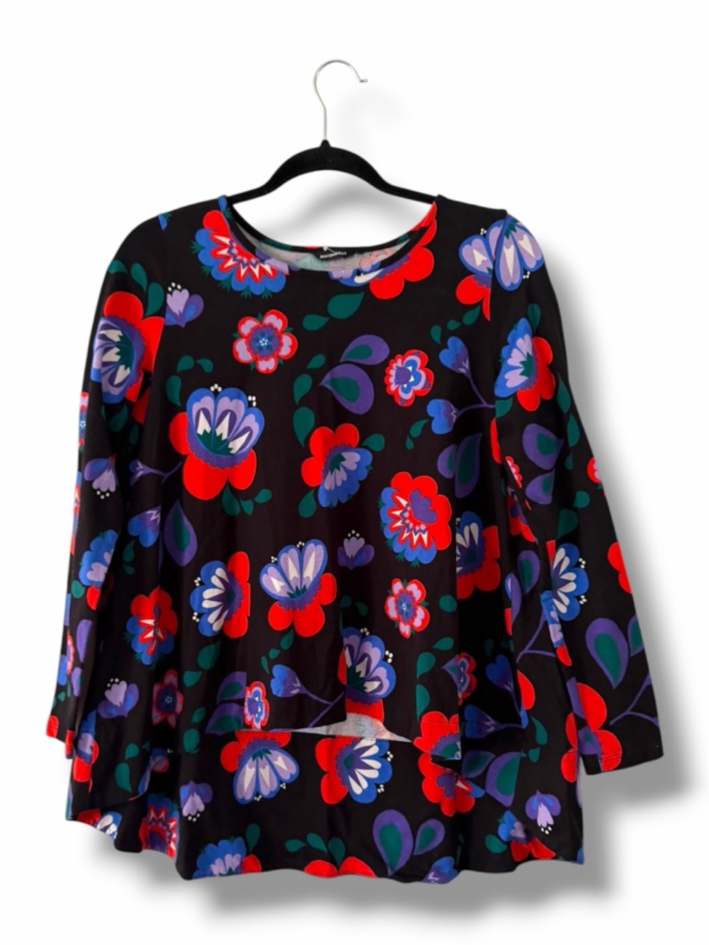 Marimekko Black Floral Mukkamaija Long-Sleeve Top Bright Colorful Size Small